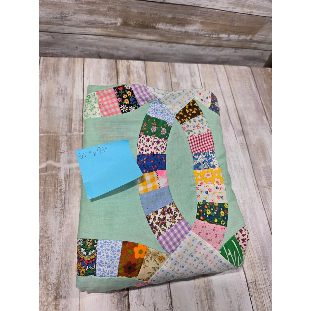 Vintage Double Wedding Ring Quilt Top Mint Green Multi Scrap Patchwork 55x93 - Picture 8 of 9